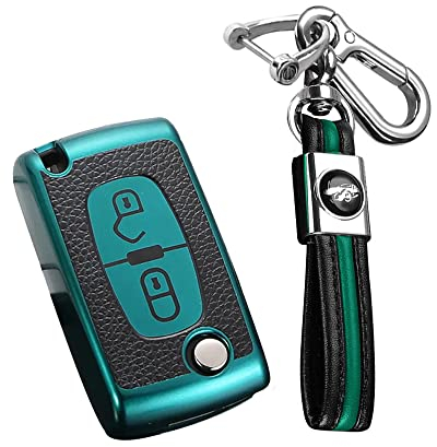 KUNIO Klapp Schlüsselhülle Passt für Citroen C1 C2 C3 C4 Boxer Passt für Peugeot 207 307 407 308 1007 3008 5008 TPU Leder-Textur Autoschlüssel Hülle Schlüsselanhänger Schutzhülle 2 Tasten Grün