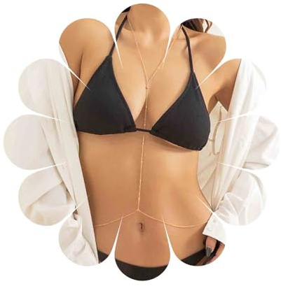 Inilbran Gold Boho Bead Crossover Body Chain Vintage Bikini Harness Chain Halskette Beaded Bra Bodychain für Frauen und Girls