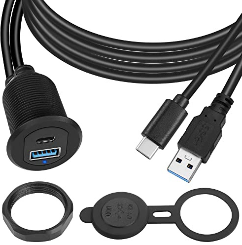 QIANRENON USB C & USB 3.0 Gewinde Befestigung Eingebettet Auto Wasserdichte Kabel 5Gbps USB3.0 & USB C Panel Montage Verlängerungskabel, LED Licht, Al-Gehäuse, für Auto Boot Motorrad, 2m/6.5ft