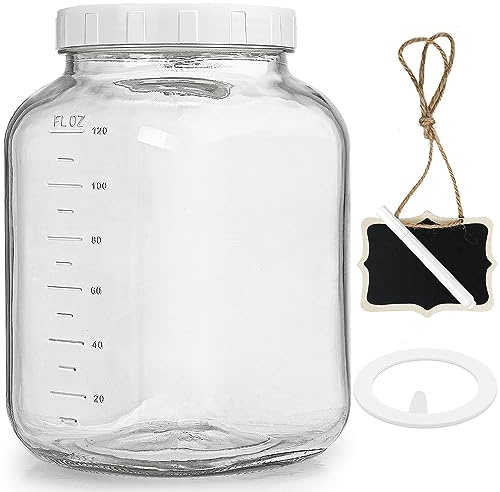 Barattolo in vetro trasparente a bocca larga da 3,5 litri con coperchio, coperchio a vite ermetico resistente con guarnizione in silicone, grande barattolo di vetro con 2 segni di scala per fermentare