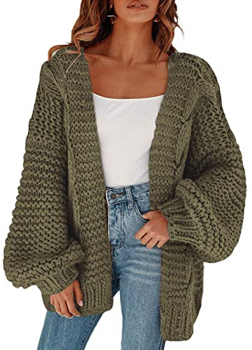 Cicy Bell Women's Open Front Chunky Knit Cardigans Loose Lantern Sleeve Oversized Sweater Coats ArmyGreen M