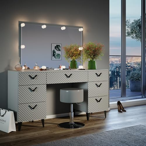 Vicco Schminktisch Anett, Grau, 150 cm | mit LED Beleuchtung und Hocker, Schubladen für Ordnung im Chaos