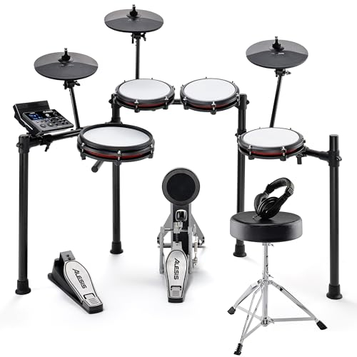 Alesis Nitro Max Batteria Elettronica con Pelli Mesh Silenziose, Rullante a Doppia Zona da 10, Bluetooth, 440+ Suoni Autentici, Drumeo, USB Midi, Pedale Grancassa, Sgabello e Cuffie