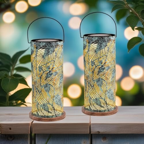 Marrakesch 2er Set Solarlaterne für außen mit Henkel aus Metall & Holz 30cm Groß | Orientalische Outdoor Solar LED Laterne Hoja Grün IP65 Wasserdicht als Gartendeko Deko