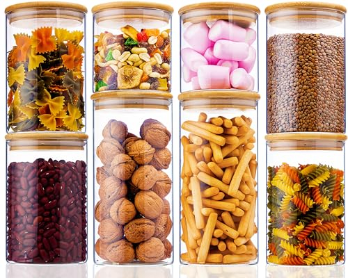 Deco haus® Bocaux de Conservation Hermétiques avec Couvercles + Étiquettes [Set Combiné de 8] - Pour Céréales, Cornflakes, Spaghetti, etc. - Boîtes en Verre avec Couvercle, Bocal de Rangement Cuisine
