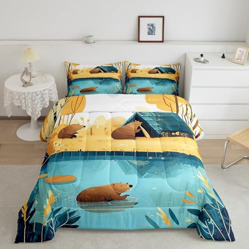 Cute Beaver Bedding Set Twin Size Cartoon Wild Animal Comforter for Kids Teens Yellow Trees Blue River Comforter Set Farmhouse Style Beavers Duvet Insert 2Pcs Quilt Set Set with 1 Pillowcase