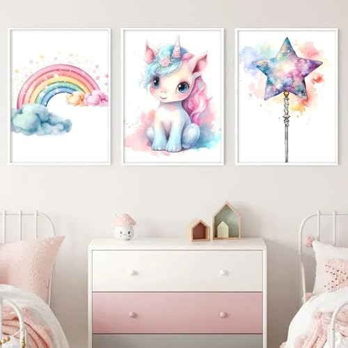 3 Poster für Kinderzimmer, Mädchen, Regenbogen, Einhorn, Wanddekoration, Kinder, Poster, 30 x 40 cm, bunt, Aquarell, Kunstdruck auf Leinwand, Baby, Geschenk ohne Rahmen