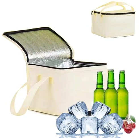 TICKLELY Kühltasche – Faltbare Kühlbox mit Aluminiumfolien-Innenfutter, Cream, 10.52 Liter, Ideal für Picknick, Supermarkt, Reisen & mehr