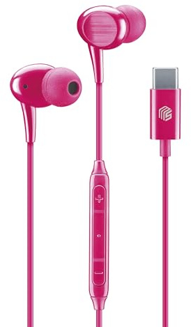 Music Sound - Écouteurs Intra-Auriculaires - Écouteurs filaires avec Microphone - Compatibilité USB-C - Détails métalliques - Couleur Rose