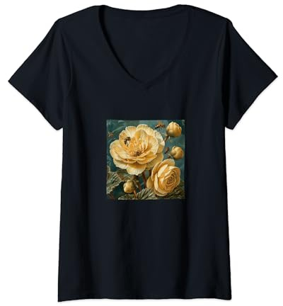 Donna Begonia Fiore Fioritura Con Api Intorno Grafico Maglietta con Collo a V