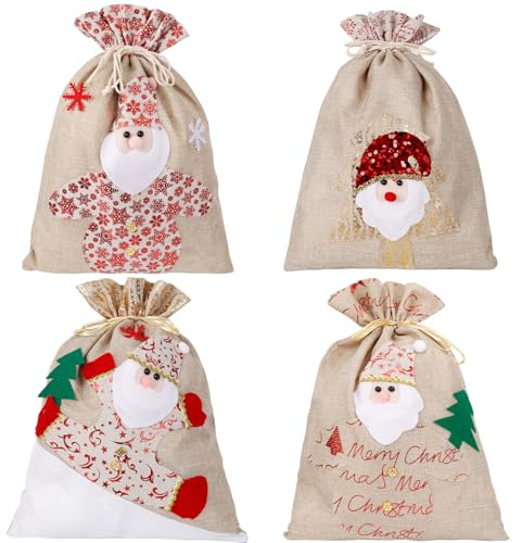 4 Stück Weihnachten Geschenkbeutel Nikolaussack Jutebeutel Weihnachts Geschenktüten Geschenkverpackung zum befüllen Baumwolle Säckchen für Süßigkeits Geschenke Dekorationen