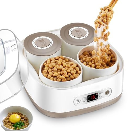 Máquina fermentadora eléctrica de yogurt Natto, máquina de fermentación inteligente de 1,5 L con 4 recipientes de cerámica, alta temperatura y control de panel inteligente, para hacer yogur,