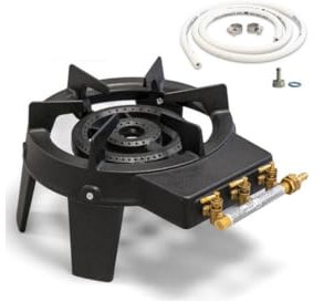 INTEC - Réchaud à gaz Professionnel TRIGLAV 9,8 KW | 2 Brûleurs en Fonte véritable | Kit Complet Pro & Camping avec 4 Pieds Stables et Tuyau Flexible 1,50m.