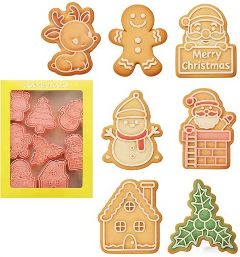 XiXiYang Christmas 3D Press Cookie Cutter Set - 8Pcs Plastic Christmas Cookie Stamps for DIY Xmas Baking, Reusable Fondant Chocolate Mold with Santa, Tree, Snowman,Reindeer,Gingerbread Man Shapes