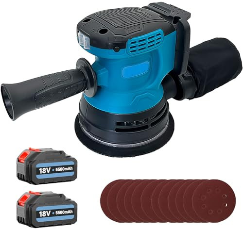 Cordless Random Orbital Sander with 2pcs 3.0Ah, 15000RPM Orbital Sander 3 Variable Speeds, 125mm 12x Sandpapers, Sanders with Dust Collection Ideal for Sanding, Polishing Wood, DIY, Home Improvements