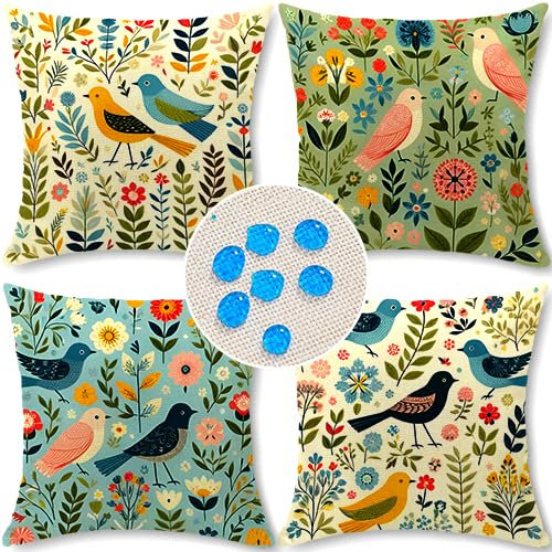 Cirzone Outdoor Kissenbezüge 4 Stück 45 x 45 cm Dekorative Outdoor Kissen Wasserfest Frühlingsblumen und Vögel Grafik Kissenbezüge Werden für Sofakissen Garten Outdoor