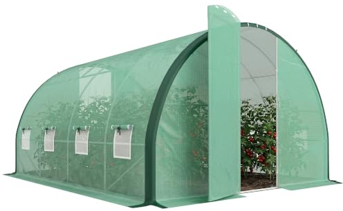 Outsunny 4 x 3 m Walk-in Polytunnel Greenhouse Upgraded Structure Green | 2 Hinged Doors, 8 Mesh Windows, Tunnel Warm House Tent, UV-resistant PE Cover, for Allotments