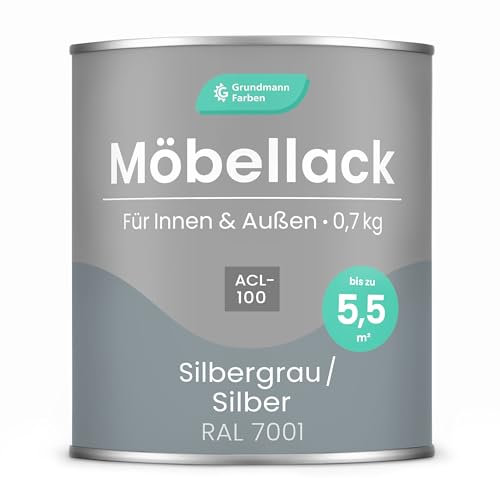 Grundmann Möbellack ACL 100 - Silber 0,7 Kg - Lösemittelfrei & Geruchsarm - 4in1 Möbelfarbe inkl. Grundierung - Innen und Außen - Für Holz, Metall & Kunststoff - Silbergrau RAL 7001
