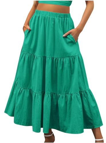 KUIH Long Skirts for Women UK Chiffon Summer Maxi Skirt Elasticated Waist Ladies Tiered A Line Skirts for Beach, Party, Holiday Green