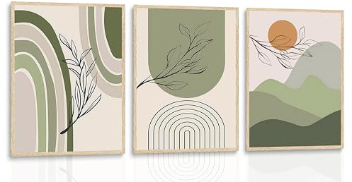3pcs Gray Green Boho Wall Art Minimalist Wall Decor Canvas Pictures Abstract Geometric Line Paintings Sun Plant Sage Posters Prints for Room Decoration Unframed