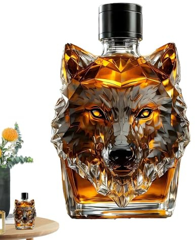 Wolf-Crested Whiskey Bottle, Animal Whiskey Decanter, Un-ique Wolf Shaped Wine Bottle, Engraved Vintage W-olf Themed W-hiskey Glass B-ottle, Glass W-olf Head B-ottle for Cocktail W-hiskey Travel