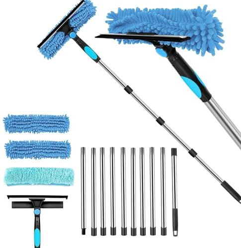 12.6FT Extendable Window Cleaner, Window Cleaning Kit, 2-IN-1 Squeegee & Scraper & Microfiber Pad, Telescopic Window Cleaning Pole for Indoor Outdoor High Window Wall Car
