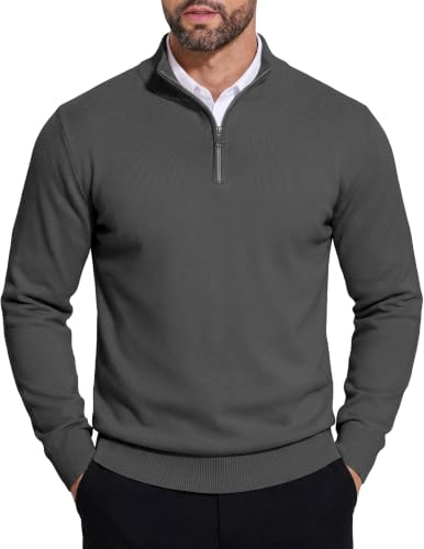 COOFANDY Hombres Jersey 1/4 Cremallera Cuello Alto Jersey de Punto Jumper de Invierno Manga Larga Cremallera Jumper de Cuello Alto Suéter Sweater de Trabajo para Los Hombres Gris Oscuro M