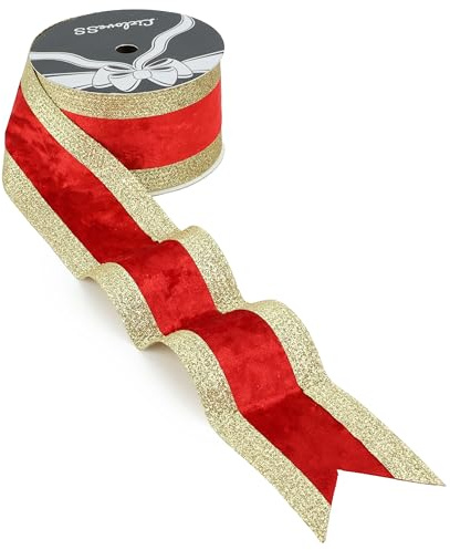 LIZLOVESS Red and Gold Velvet Wired Ribbon 2.5 X 10 Yards Red Velvet with Gold Glitter Border Stripe Christmas Ribbon for Tree, Gift Wrapping, Holiday Crafts, Wreath Supplies, Garlands