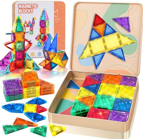 Charmofun Bloques de Construcción Magnéticos de Viaje, 60 Piezas Juego de Construcción de Mini Azulejos Magnéticos, Baldosas Magnéticas de Viaje Regalos para Niños y Niñas 3 4 5 6 7 8 Años