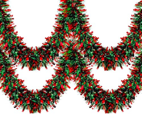 33 Ft Christmas Tinsel Garland Shiny Thick Red and Green Tinsel Decor Xmas Tree Decorations Metallic Twist Foil Garland for Christmas Party Home Stairs Indoor Outdoor Supplies