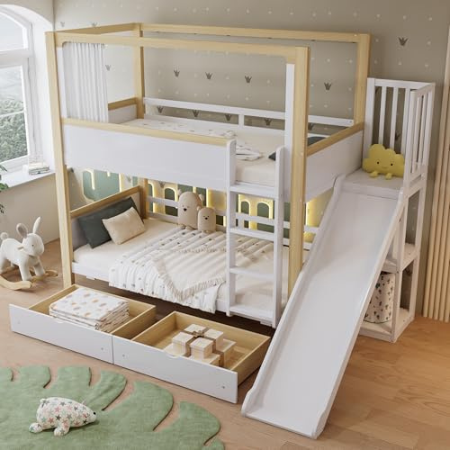 Merax Etagenbett Kinderbett 90x200cm, Hochbett Holzbett mit Kinderrutsche, Zwei Schubladen, Rausfallschutz, Platzsparendes Stockbett Baumhausbett mit Lattenrost, Stoffvorhang, Jugendbett, Weiß&Natur