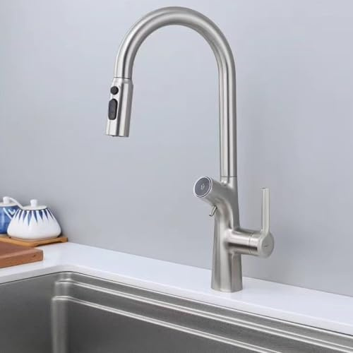 3 Way Filter Pull Out Kitchen Mixer Tap Brass 360° Swivel Pure Water Hot and Cold Water Single Hole Kitchen Tap Pull Out-Brushed