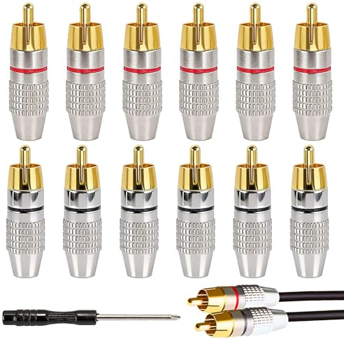 LuxStellar 12 Stück RCA Lötfrei Verbinder mit Schraubendreher – Hochwertige Phono Cinch Stecker Lautsprecher Cinch Stecker Adapter für Multimedia und CCTV