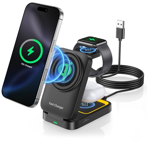Ladestation iPhone 3 in 1, Ladestation Apple Watch und iPhone, Induktive Ladegerät für iPhone17 16 15 14 13 12 11 Pro Max SE X XS XR 8 Serie & Apple Watch & Air Pods Pro Kabelloses Wireless Charger