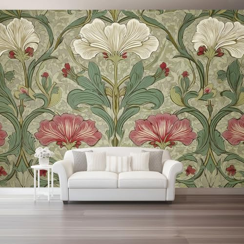 Générique Papier Peint Rétro Floral Art, 150 x 105 cm（WxH Panoramique Murale Salon Papier Peint intissé pour Chambre Salon Tv Fond Murale Décoration Vert