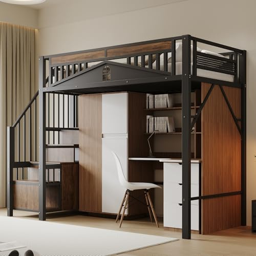 Hochbett 90x200 Schwarz, Etagenbett Aus Metall Mit Stauraumtreppe, Spind Und Sicherheitszaun Mit Fensterform, Stockbett Metall Holz, Bunk Bed Für WG-Zimmer Und Studio
