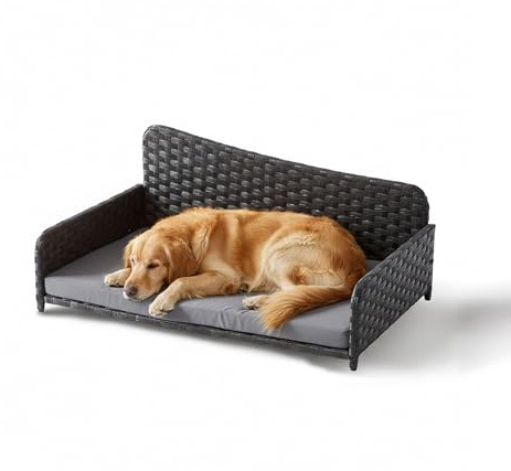 Relaxdays Hundebett Rattan, XL, HBT: 38x87x49 cm, erhöhtes Hundeliege mit Kissen, Hundesofa, Outdoor & Indoor, grau