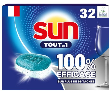 Sun - Tablettes Lave-Vaisselle, Tout-en-1, Regular, 32 Pastilles | Élimine 99 taches sans prérinçage, formule complète avec sel et liquide de rinçage pour lave vaisselle haute brillance