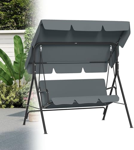 TATIVALO Hollywoodschaukel 3-Sitzer, Gartenschaukel mit verstellbarem Sonnendach & Kissen, Stabiler Stahlrahmen, 200 kg belastbar, Schaukelbank für Garten, Terrasse & Balkon, 175 cm – Anthrazit