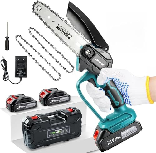 Goldsea 6 Zoll Akku Kettensäge, Mini Handkettensäge mit 2×3000mAh 18V Akku & Schnellladegerät für Garten Baumschnitt & Brennholz – Blau