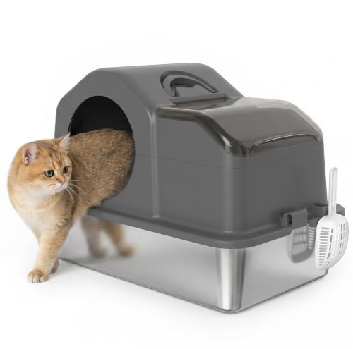 PawHut Lettiera Gatto Chiusa XL in Acciaio Inox 60.5x40.5x45cm Grigio Scuro | Con Coperchio, Toilette per Gatti 36L con Pareti Alte, Paletta, Tappetino Raccogli-sabbia