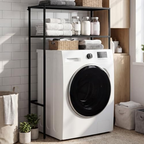 CLP Estantería sobre Lavadora Kendal, Estante Organizador para Lavadora y Secadora, Estantería de Metal de 2 Baldas para Baño Color Negro