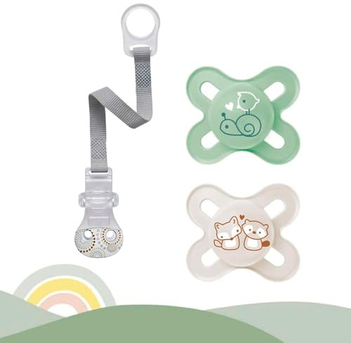 MAM Skin Soft Silikon Schnuller Start speziell für Früh- und Neugeborene extra klein // 0-2 Mo. Neutral // 2er Set // inkl. Sterilisiertrasportboxe & NIP Schnullerband