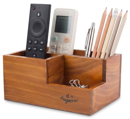 Flexzion Rustikaler hölzerner Stifteköcher für den Schreibtisch, 3 Fächer, Schreibtisch-Organizer, multifunktionaler Fernbedienungshalter für Zuhause, Schule und Büro