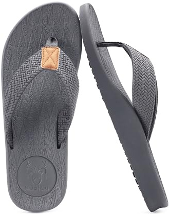 KuaiLu Mens Flip Flops Arch Support Comfortable Cushion Memory Foam Recovery Walking Waterproof Leather Thong Sandals Orthotic Plantar Fasciitis Summer Casual Beach Pool Slip on Slippers Grey Size 10