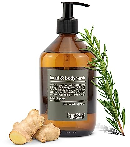 Jean & Len Hand & Body Wash Rosemary und Ginger, reinigt und pflegt die Haut, Würzig-frischer Duft, Duschseife, Flüssigseife ohne Silikone, Parabene & Mikroplastik, Glasflasche 500 ml