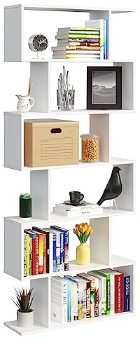 Panana White Wooden Bookcase 6 Tier Shelves Bookshelf S Shape Storage Display Shelf Room Divider Unit Chest Cupboard Cabinet Free Standing Shelving Storage Organizer Unit for Living Room (White)