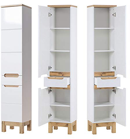Lomadox Badmöbel Hochschrank, Hochglanz weiß mit Wotaneiche, 2 Türen, 1 Schubkasten, B/H/T: 35/187/33cm