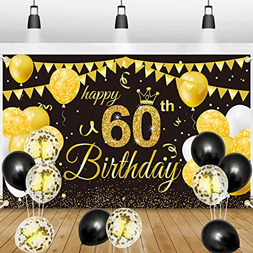 60. Geburtstagsfeier Deko Banner Hintergrund, GRESATEK Schwarz Gold Geburtstagsdeko Happy Birthday Banner Party Dekorationen für Frauen Mann 60. Geburtstag