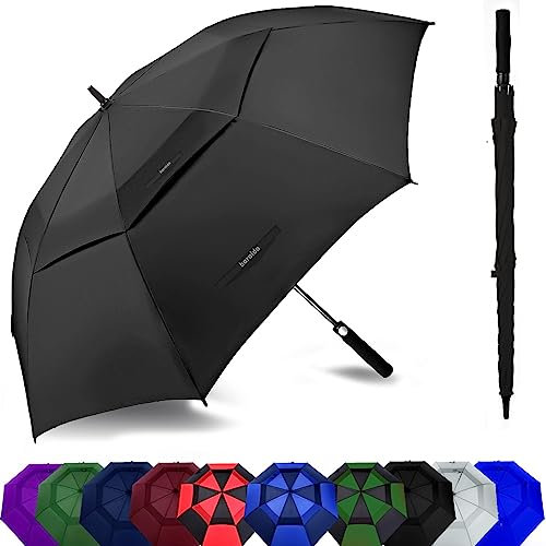 Baraida Golfschirm, automatische Öffnung, extra groß, doppelte Bespannung, belüftet, windfest, wasserdicht, 158/173/183 cm, für Herren, Damen und Familien, 183 cm, Schwarz